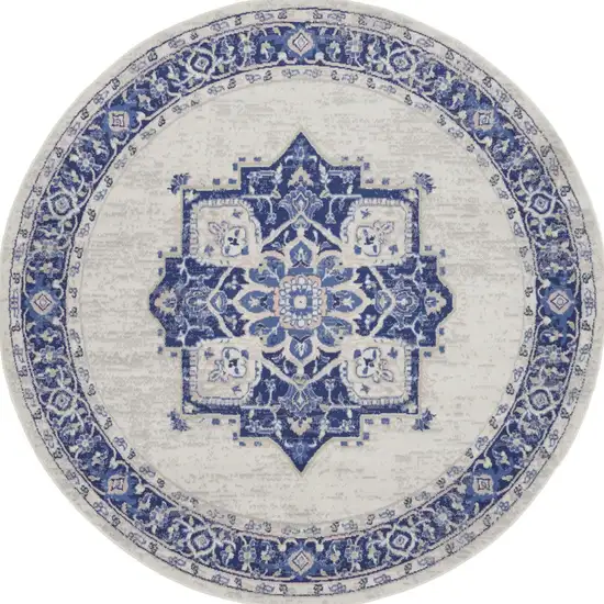 8' Ivory and Blue Floral Round Rug Photo 7