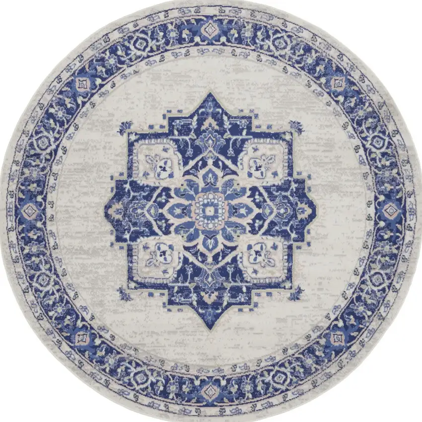 8' Ivory and Blue Floral Round Rug Photo 7