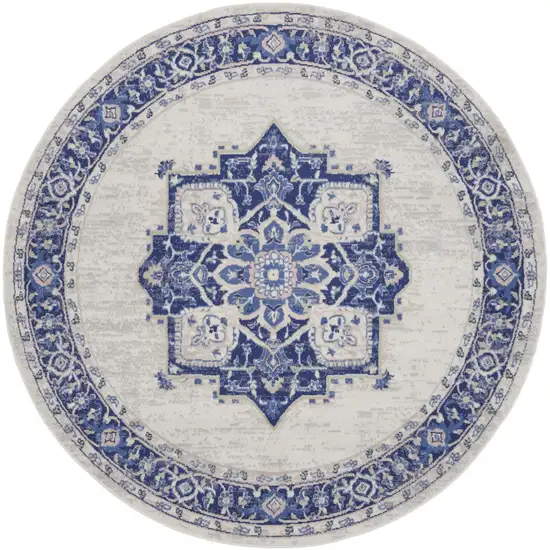 8' Ivory and Blue Floral Round Rug Photo 1