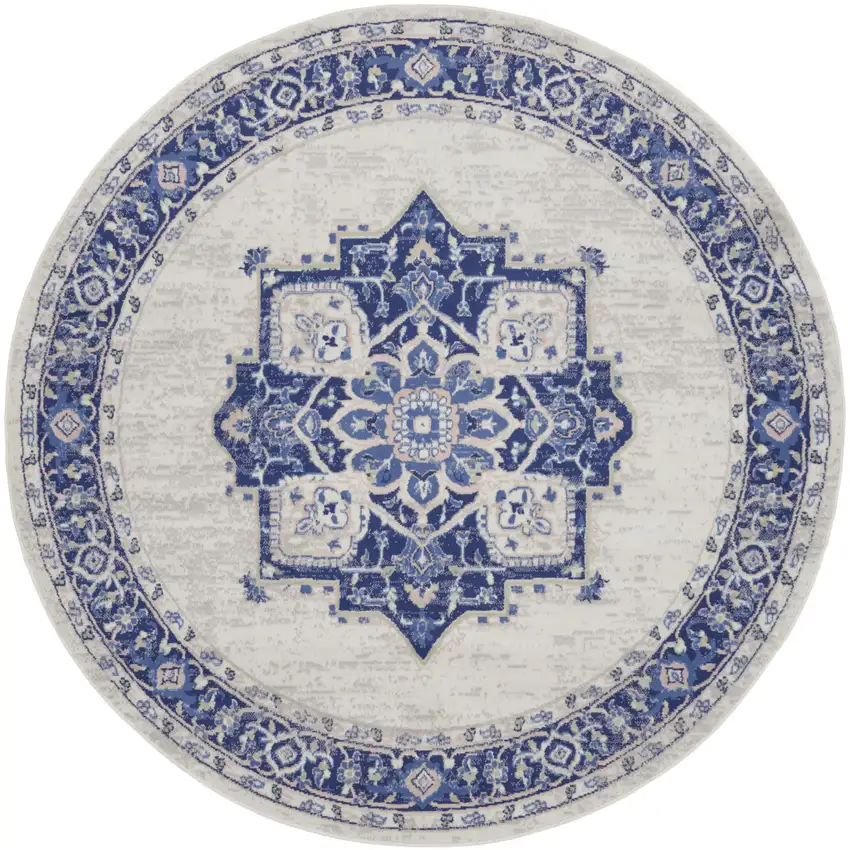 8' Ivory and Blue Floral Round Rug Photo 1
