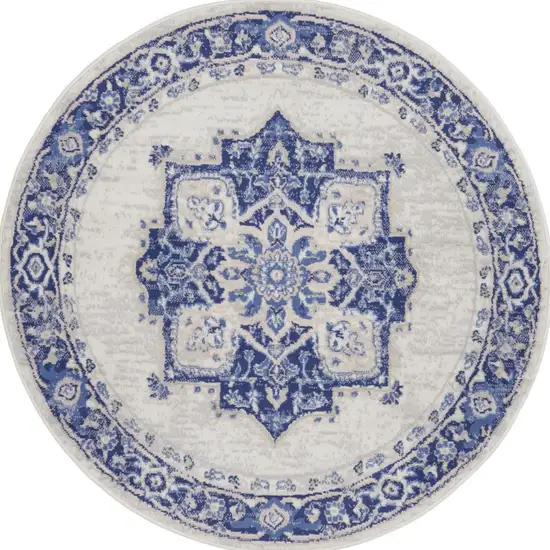 5' Ivory and Blue Floral Round Rug Photo 6