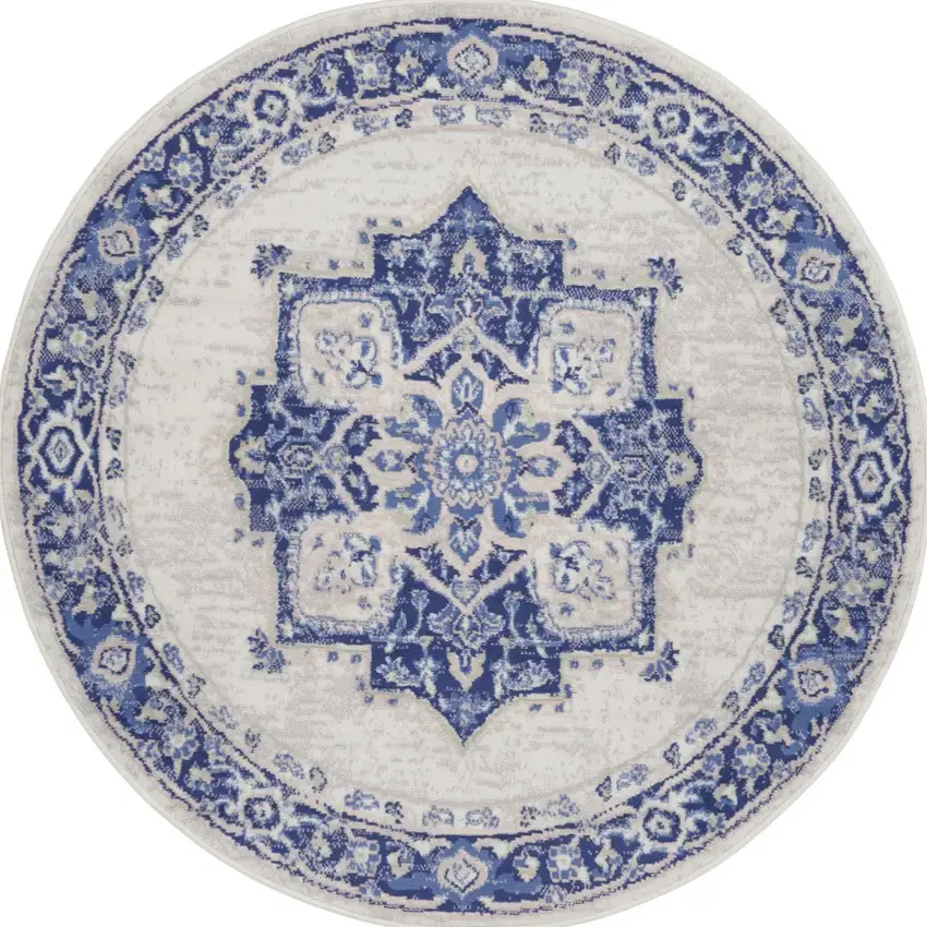 5' Ivory and Blue Floral Round Rug Photo 6