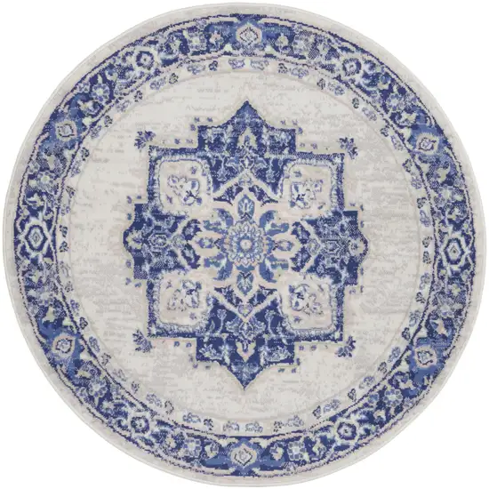 5' Ivory and Blue Floral Round Rug Photo 4