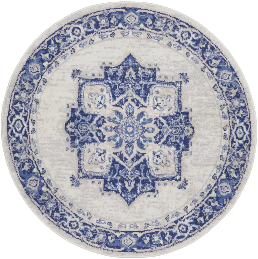 5' Ivory and Blue Floral Round Rug Photo 4