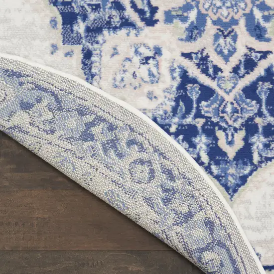 5' Ivory and Blue Floral Round Rug Photo 9