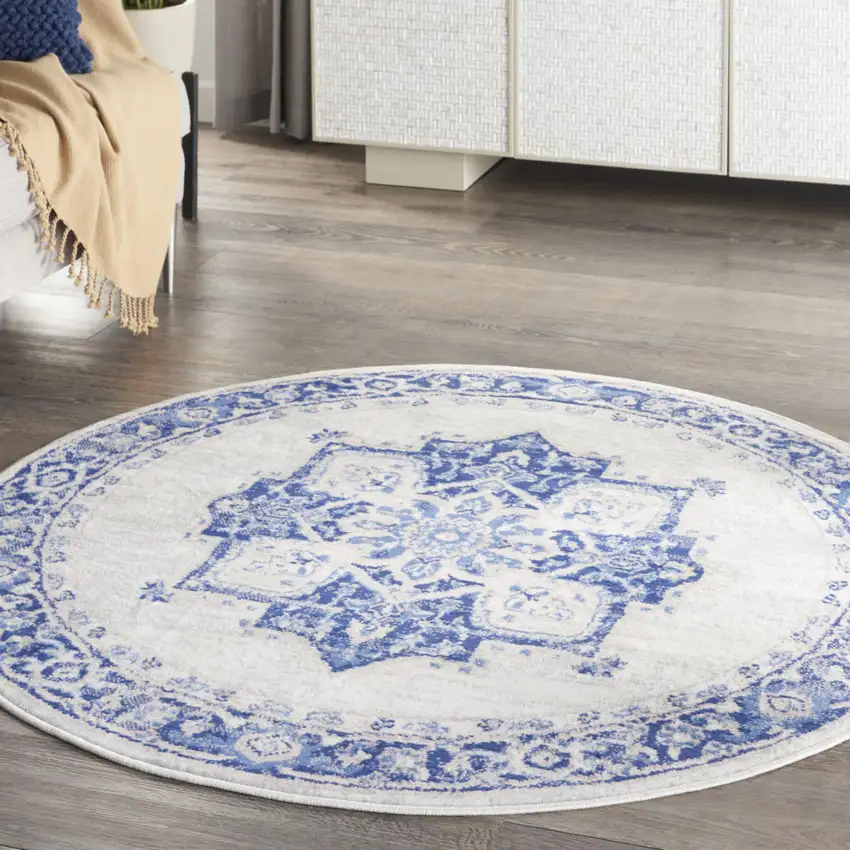 5' Ivory and Blue Floral Round Rug Photo 5