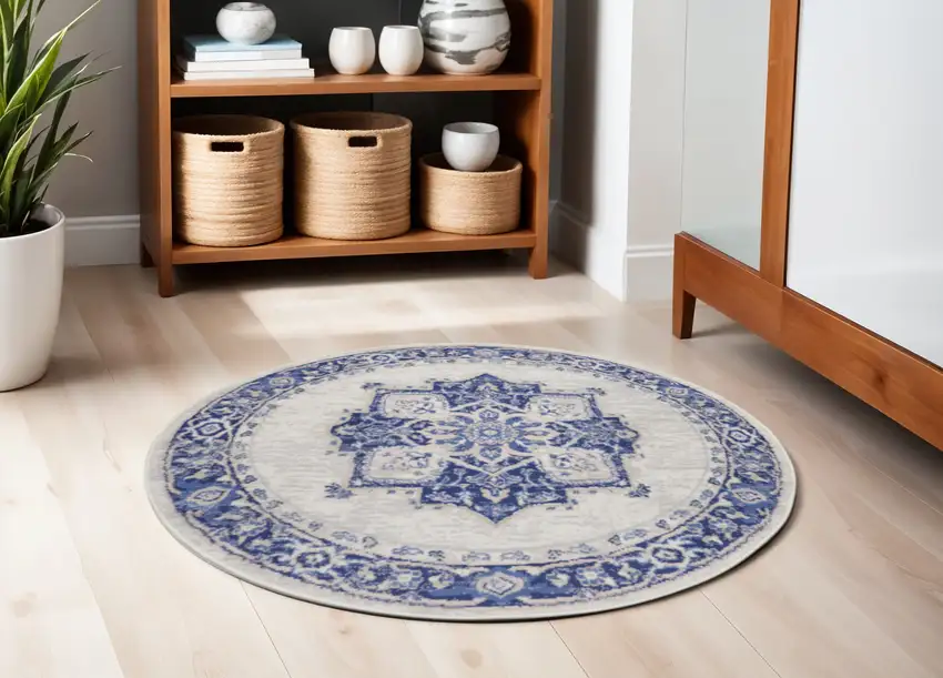 5' Ivory and Blue Floral Round Rug Photo 1