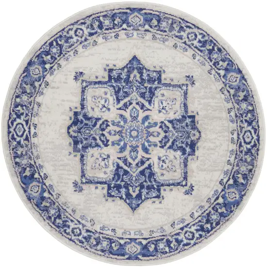 5' Ivory and Blue Floral Round Rug Photo 2