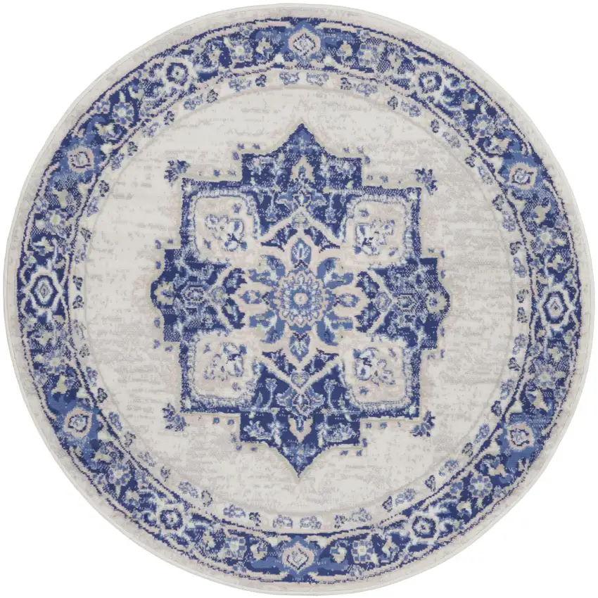 5' Ivory and Blue Floral Round Rug Photo 2