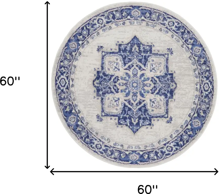 5' Ivory and Blue Floral Round Rug Photo 3