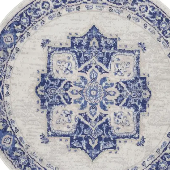 5' Ivory and Blue Floral Round Rug Photo 7