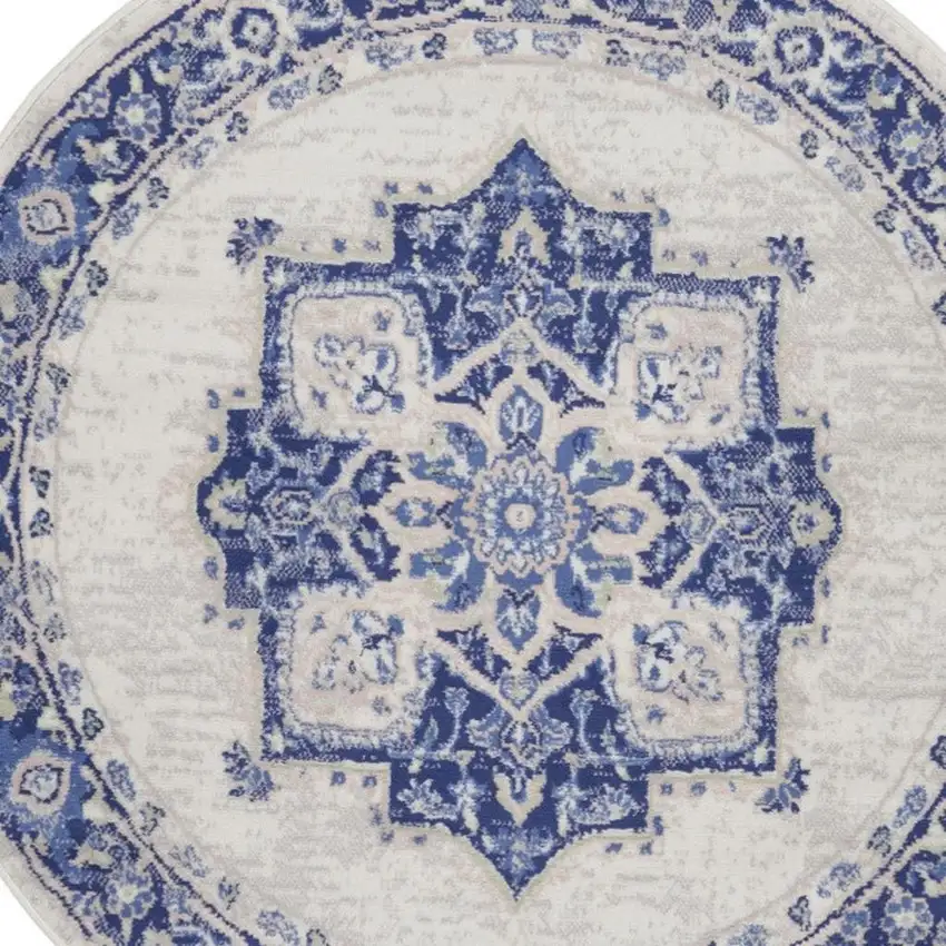 5' Ivory and Blue Floral Round Rug Photo 7