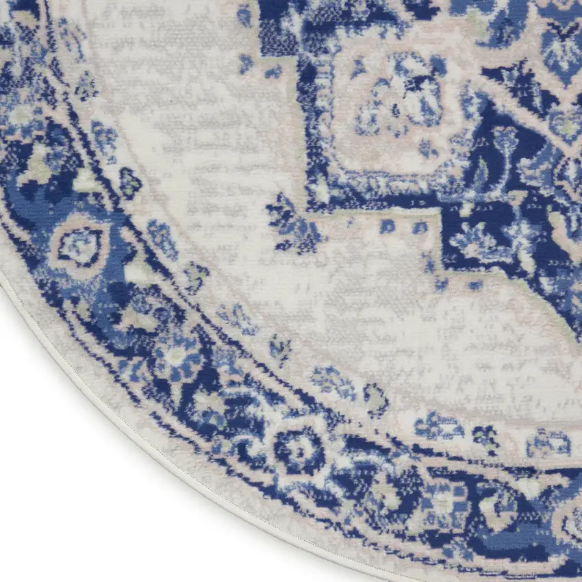 5' Ivory and Blue Floral Round Rug Photo 9