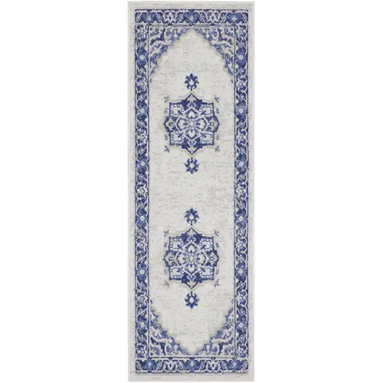 6' Ivory and Blue Floral Runner Rug Photo 2