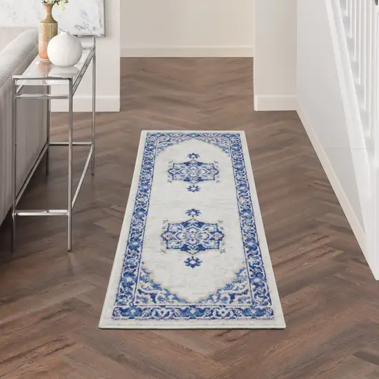 6' Ivory and Blue Floral Runner Rug Photo 8