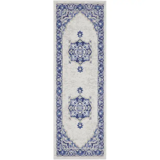 6' Ivory and Blue Floral Runner Rug Photo 1