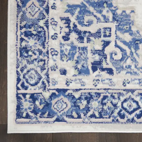 6' Ivory and Blue Floral Runner Rug Photo 4