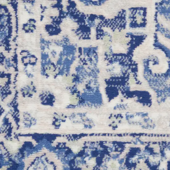 6' Ivory and Blue Floral Runner Rug Photo 9