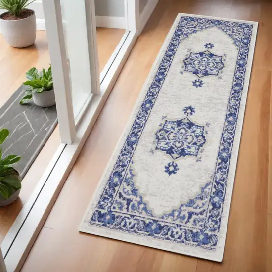 6' Ivory and Blue Floral Runner Rug Photo 1