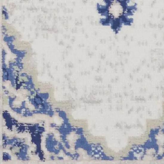 6' Ivory and Blue Floral Runner Rug Photo 7