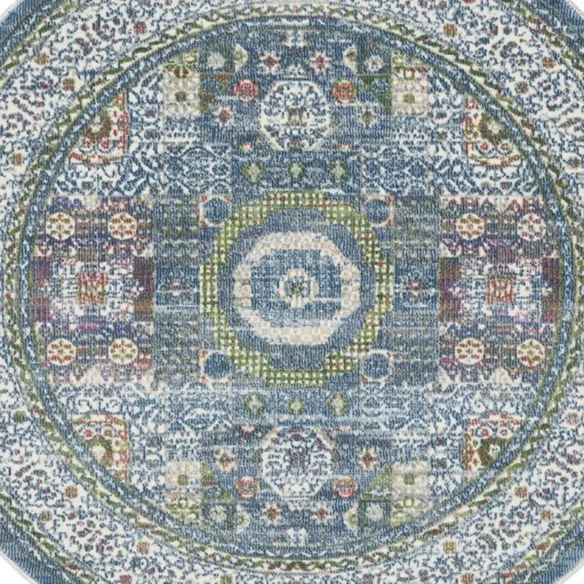 4' Ivory and Blue Geometric Distressed Non Skid Round Rug Photo 7