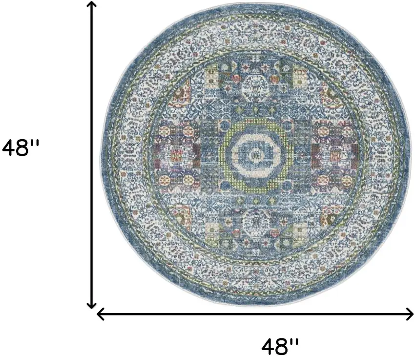 4' Ivory and Blue Geometric Distressed Non Skid Round Rug Photo 3