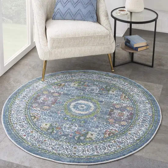 4' Ivory and Blue Geometric Distressed Non Skid Round Rug Photo 5