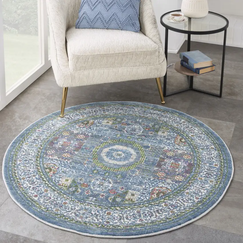 4' Ivory and Blue Geometric Distressed Non Skid Round Rug Photo 5