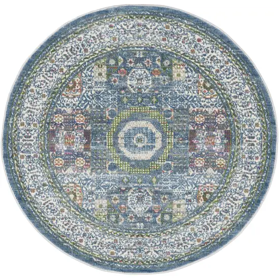 4' Ivory and Blue Geometric Distressed Non Skid Round Rug Photo 4