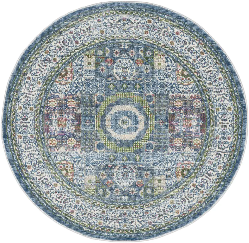 4' Ivory and Blue Geometric Distressed Non Skid Round Rug Photo 4