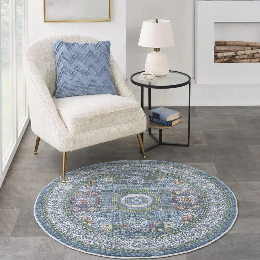 4' Ivory and Blue Geometric Distressed Non Skid Round Rug Photo 6