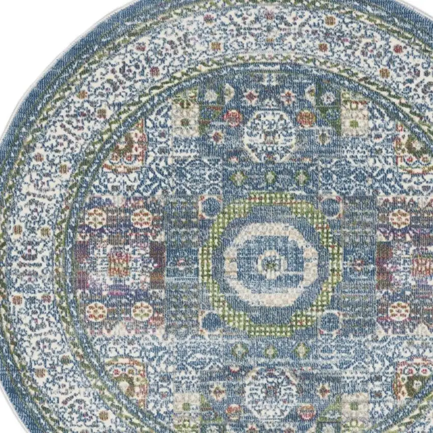 4' Ivory and Blue Geometric Distressed Non Skid Round Rug Photo 3