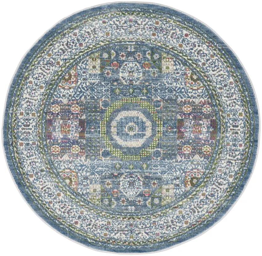4' Ivory and Blue Geometric Distressed Non Skid Round Rug Photo 2
