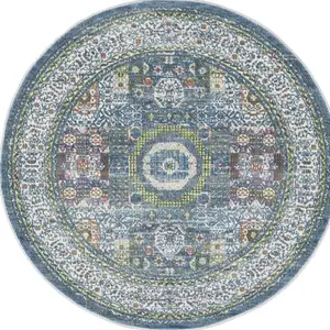 Photo of 4' Ivory and Blue Geometric Distressed Non Skid Round Rug