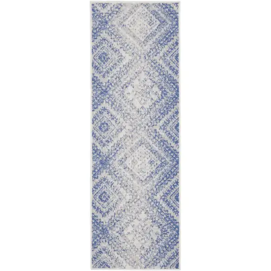 8' Ivory and Blue Geometric Distressed Non Skid Runner Rug Photo 9