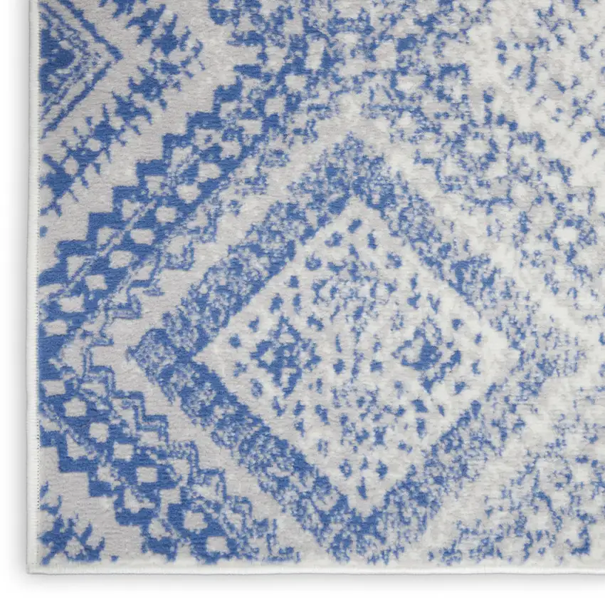 8' Ivory and Blue Geometric Distressed Non Skid Runner Rug Photo 8