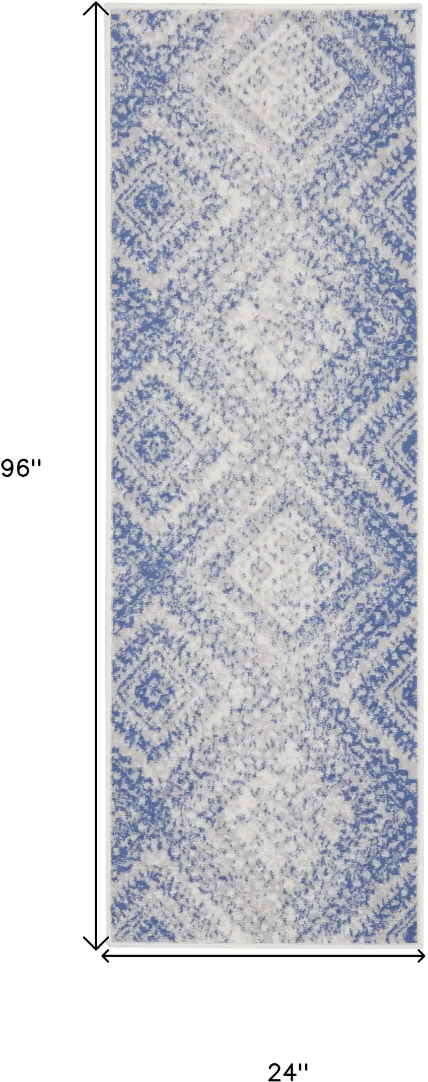 8' Ivory and Blue Geometric Distressed Non Skid Runner Rug Photo 3