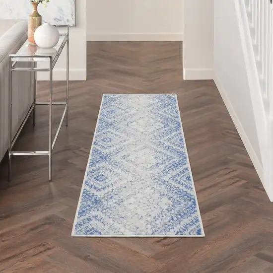 8' Ivory and Blue Geometric Distressed Non Skid Runner Rug Photo 5