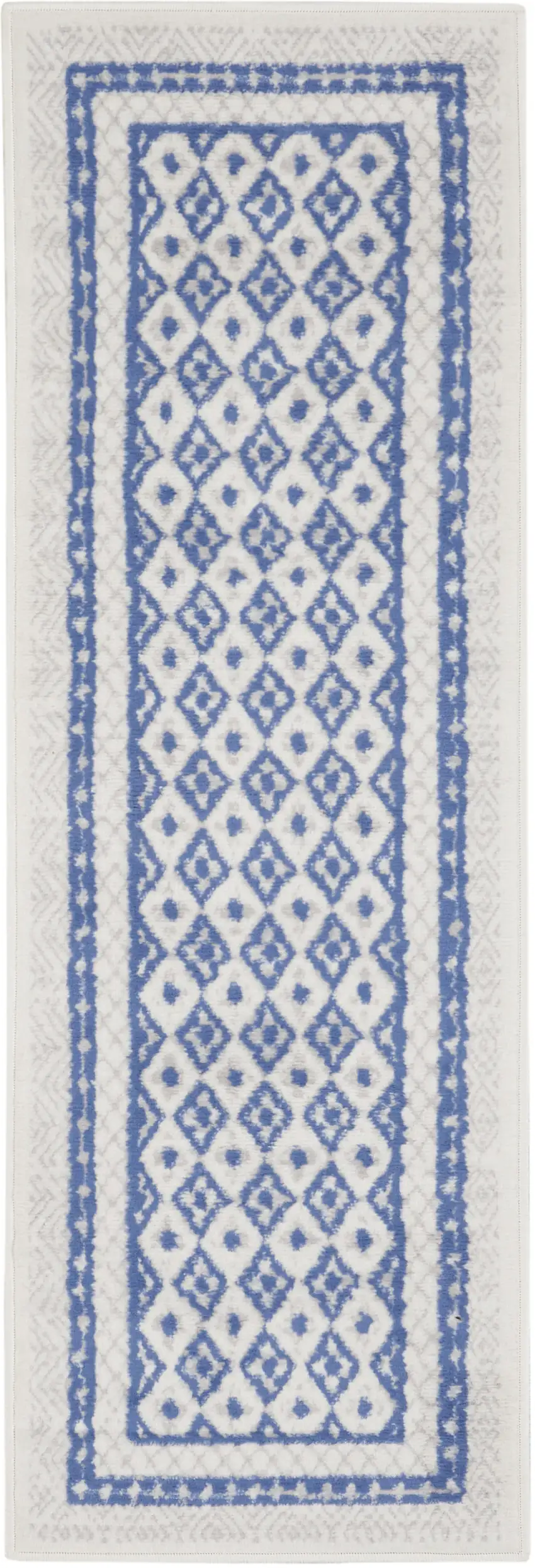 8' Ivory and Blue Geometric Distressed Non Skid Runner Rug Photo 8