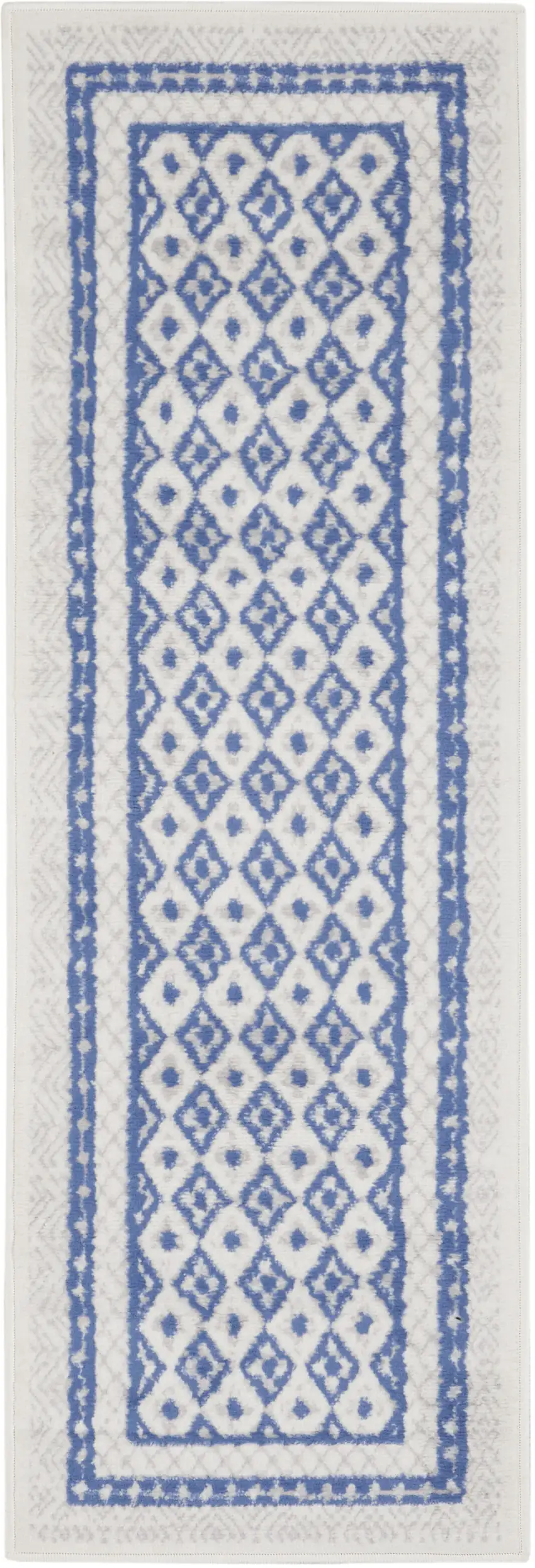 8' Ivory and Blue Geometric Distressed Non Skid Runner Rug Photo 2