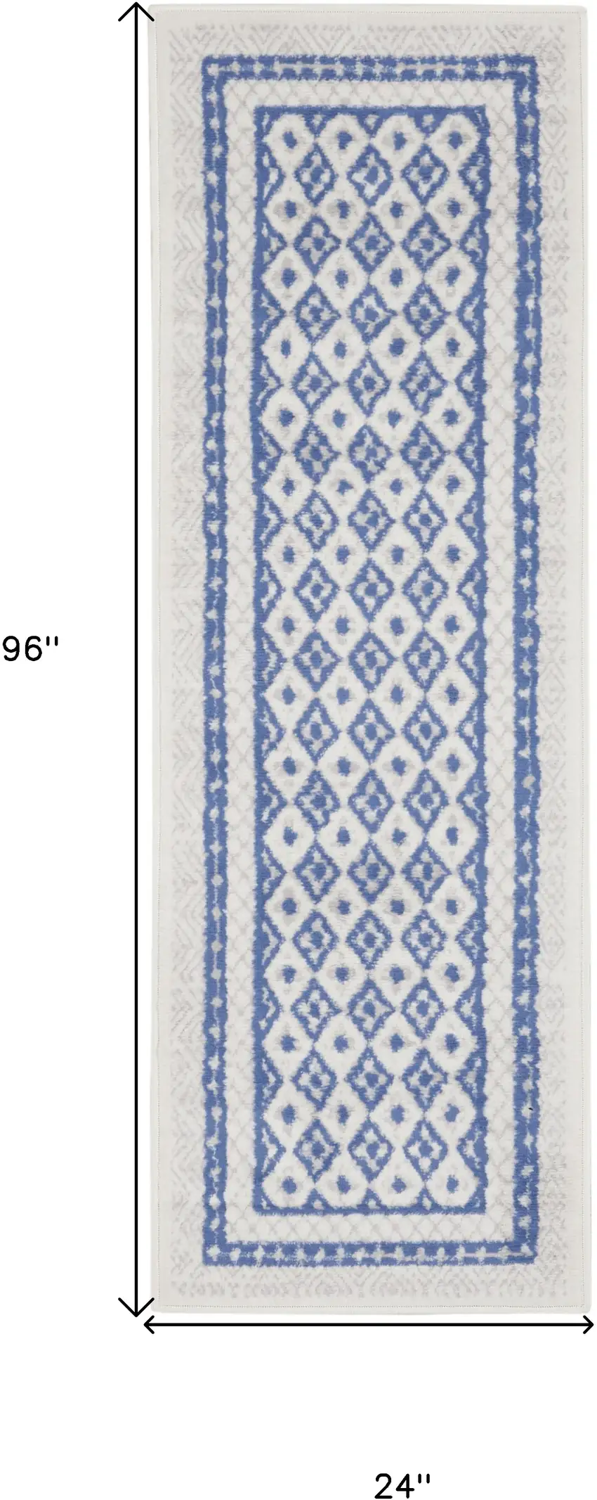 8' Ivory and Blue Geometric Distressed Non Skid Runner Rug Photo 3