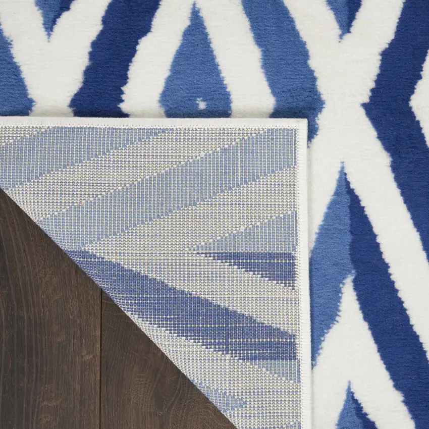 8' Ivory and Blue Geometric Distressed Non Skid Runner Rug Photo 8