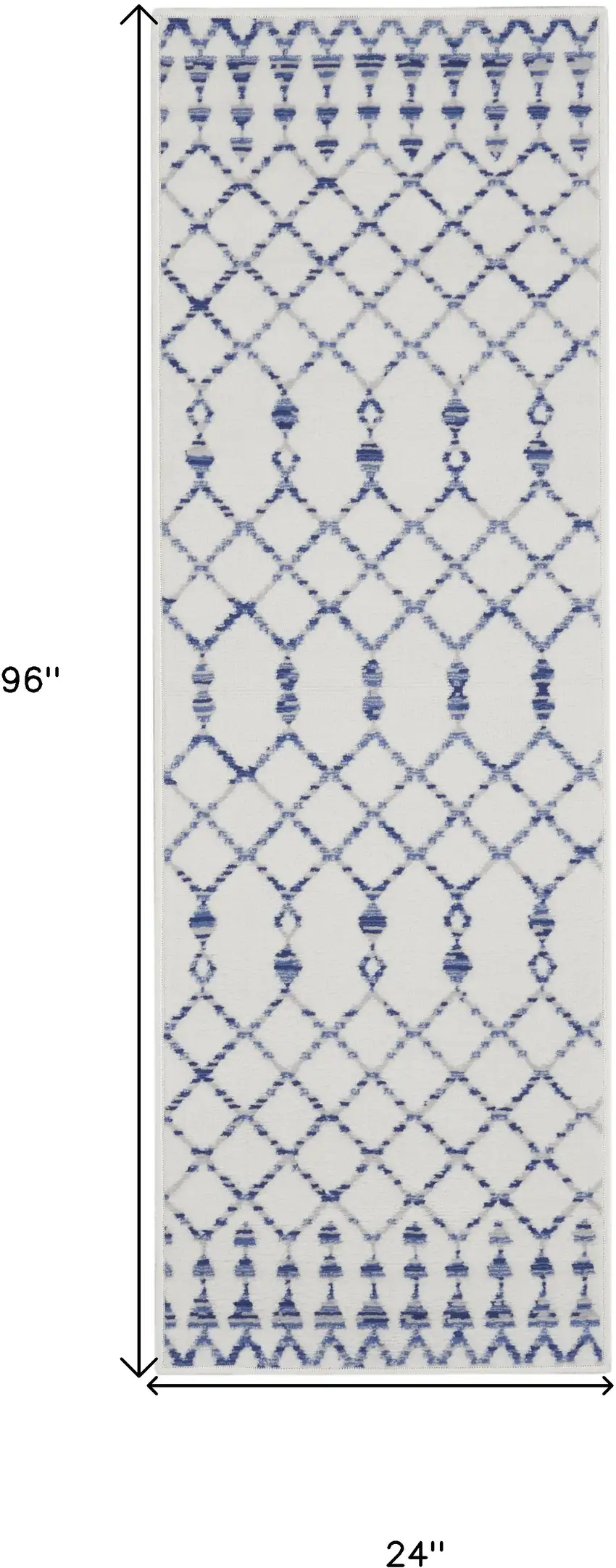 8' Ivory and Blue Geometric Distressed Non Skid Runner Rug Photo 3
