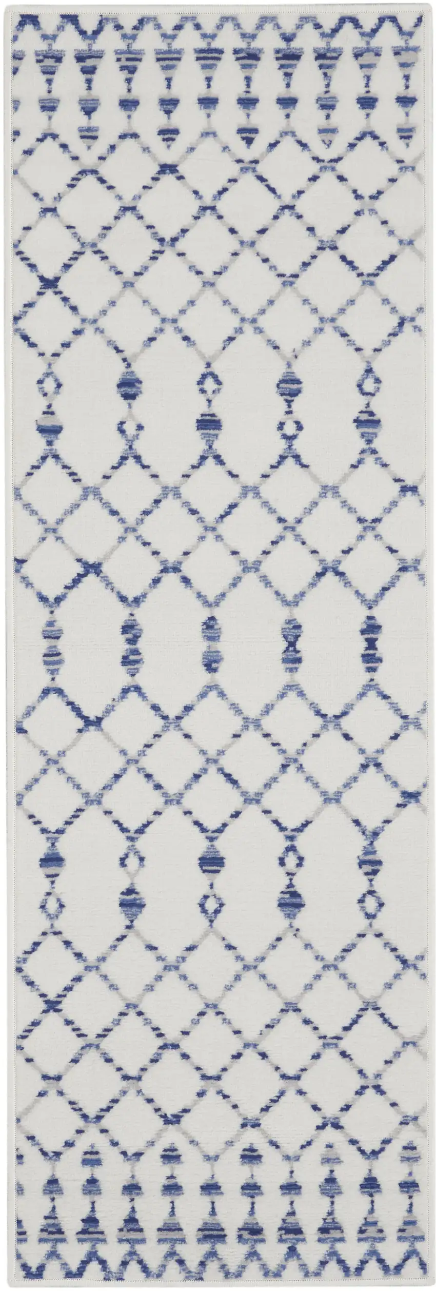 8' Ivory and Blue Geometric Distressed Non Skid Runner Rug Photo 2