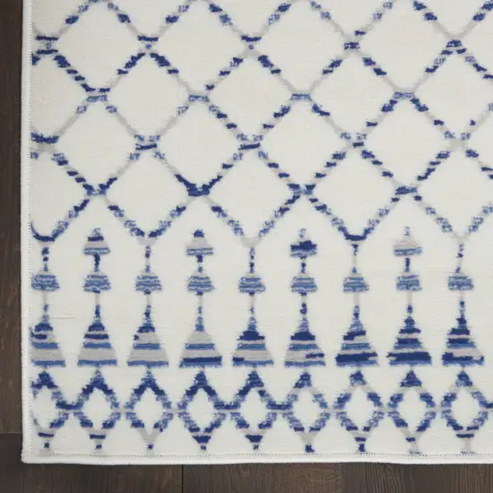 8' Ivory and Blue Geometric Distressed Non Skid Runner Rug Photo 9