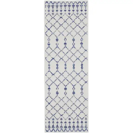 8' Ivory and Blue Geometric Distressed Non Skid Runner Rug Photo 7