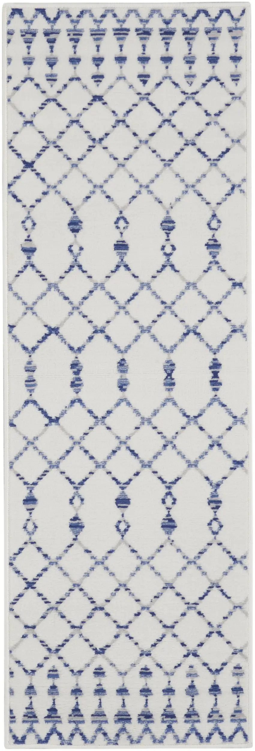 8' Ivory and Blue Geometric Distressed Non Skid Runner Rug Photo 7