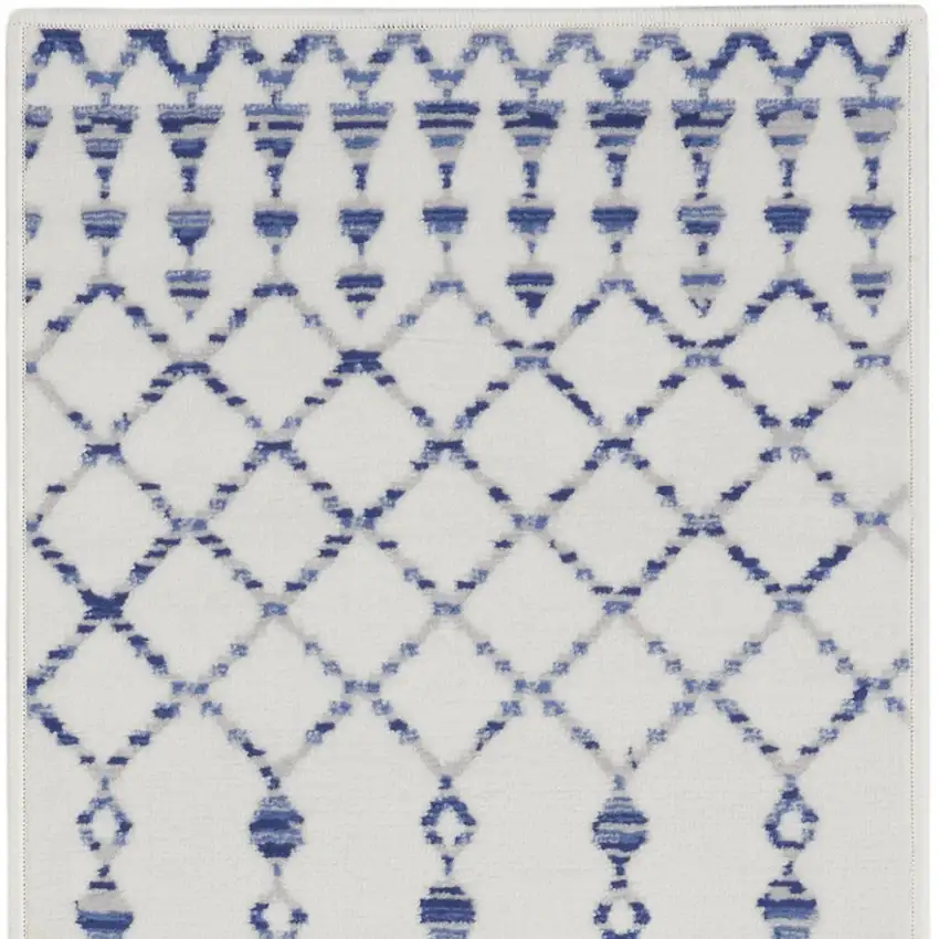 8' Ivory and Blue Geometric Distressed Non Skid Runner Rug Photo 7