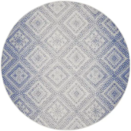 8' Ivory and Blue Geometric Distressed Round Rug Photo 1
