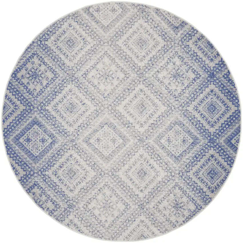 8' Ivory and Blue Geometric Distressed Round Rug Photo 1
